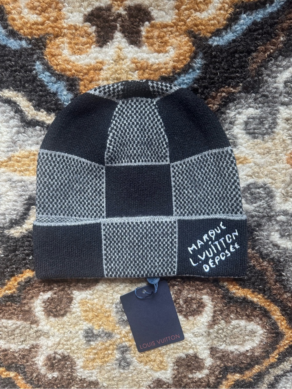 LOUIS VUITTON BLACK AND GREY CHECKER BEANIE